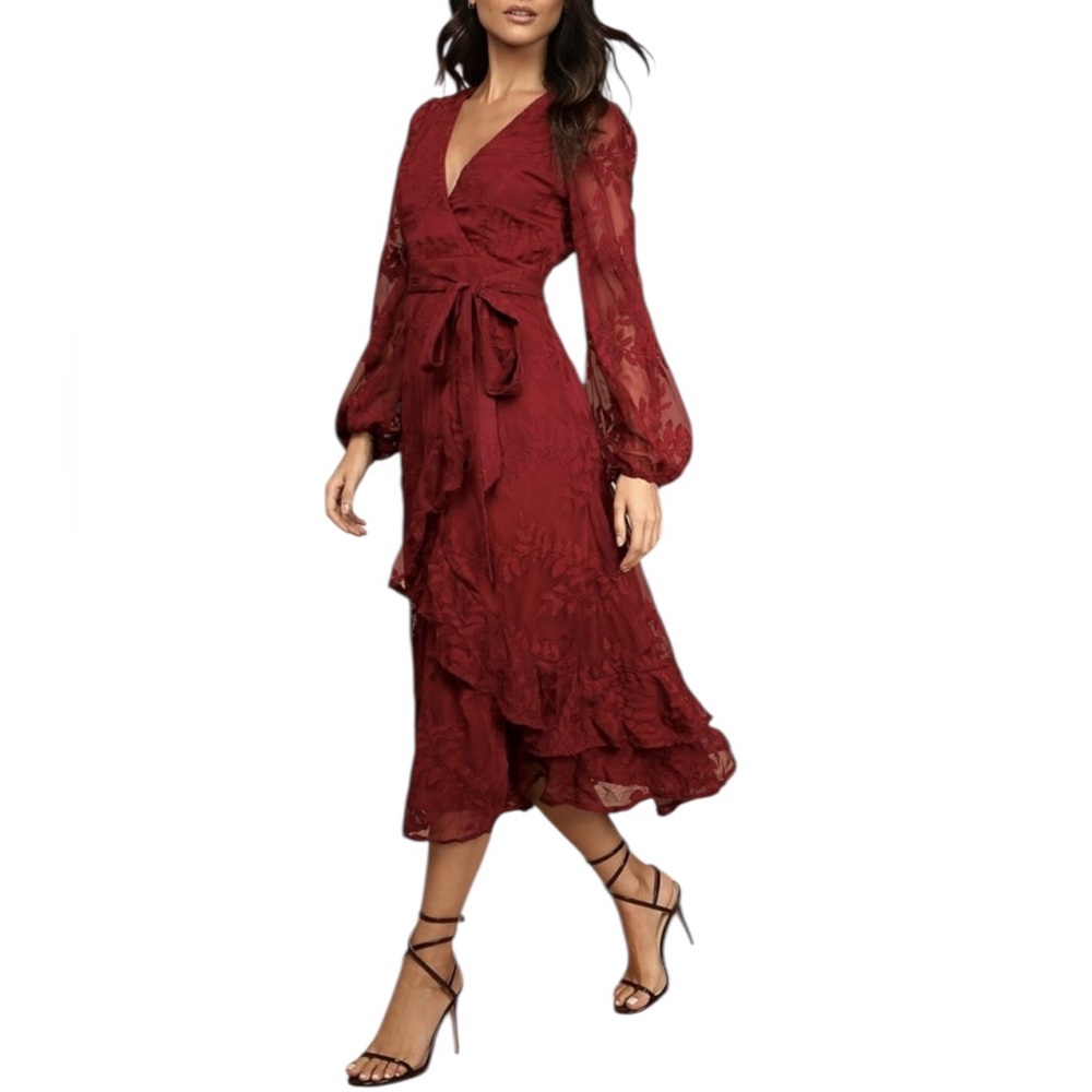 Lulu's Faux Wrap Midi Dress Large Party Holiday Chiffon Embroidered Asymmetrical - Picture 17 of 17